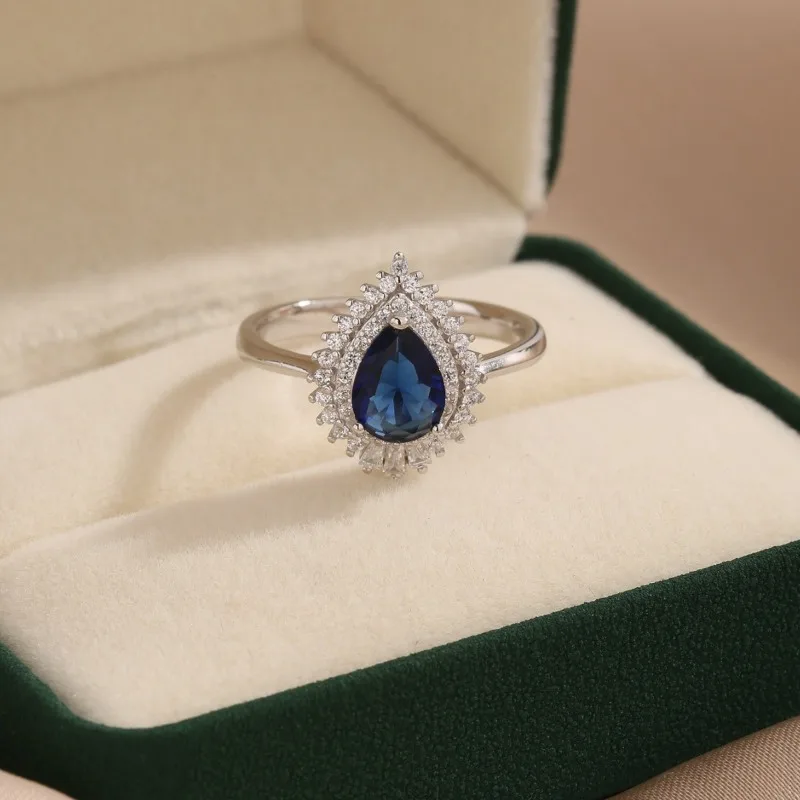 S925 الفضة الجديدة شخصية بسيطة قطرة الماء خاتم الياقوت الأزياء المتخصصة تصميم الدائري