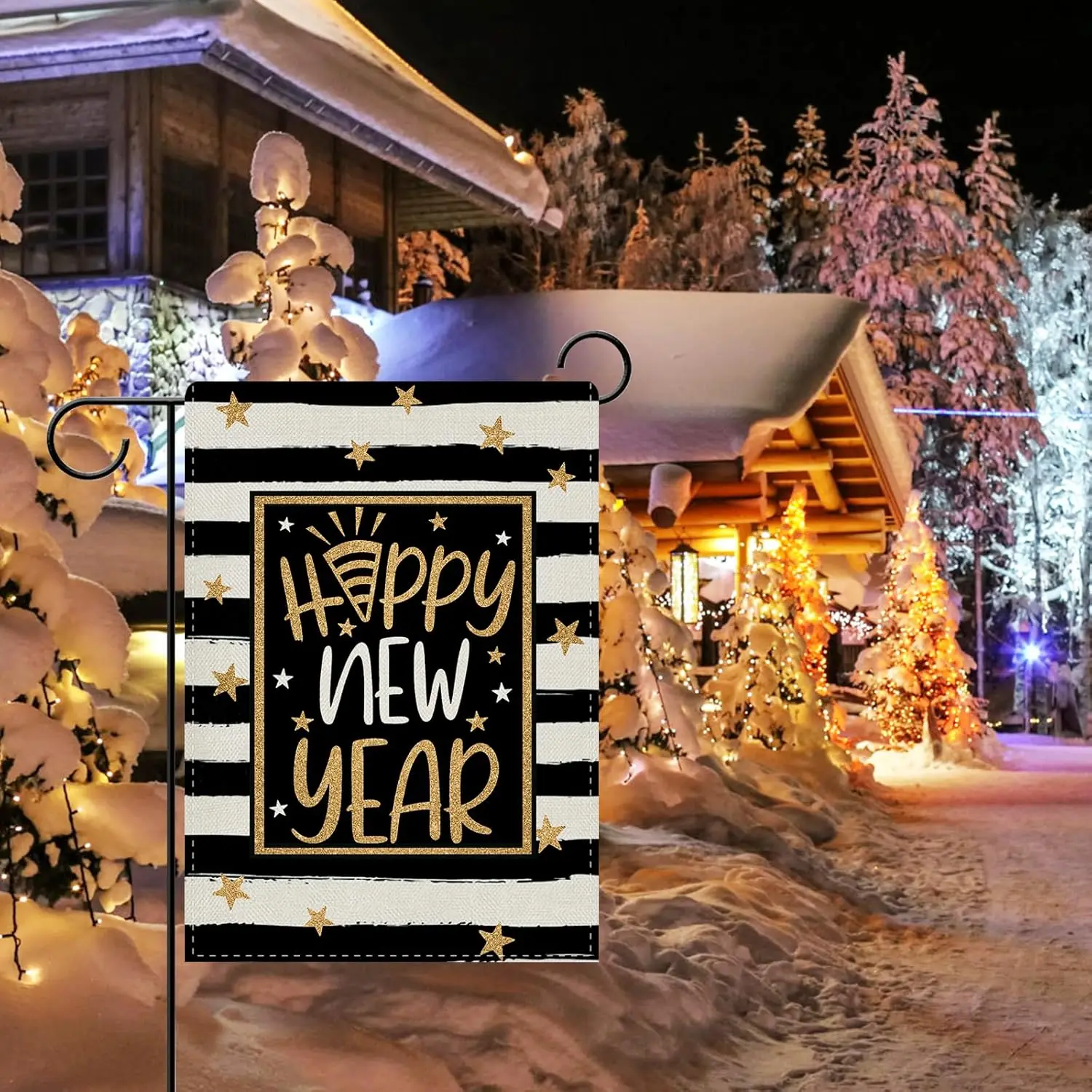 Dyrenson Happy New Year 2026 Decorative Garden Flag, Black White Stripes Glitter Stars Yard Outside Home Decoration, Christm IIC
