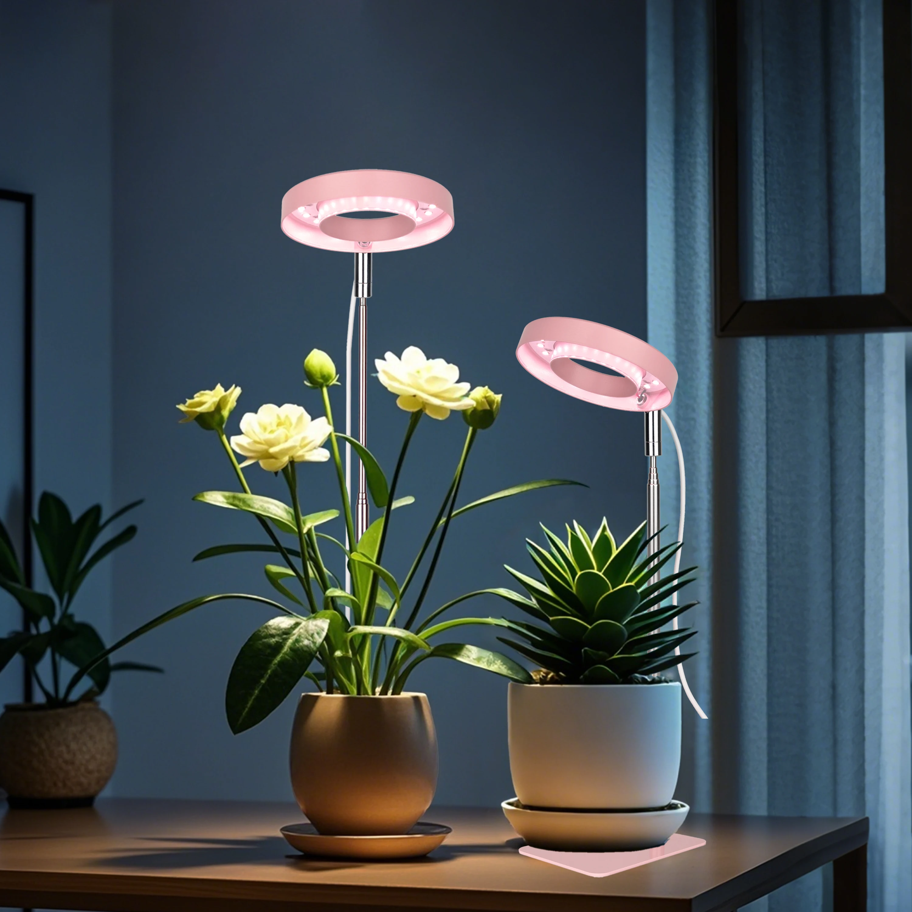 Pink LED Indoor Plant Growth Light, On and Off Timer, USB, Retractable Height, Full Spectrum Simulated Sunlight Plant, 2/4/8H