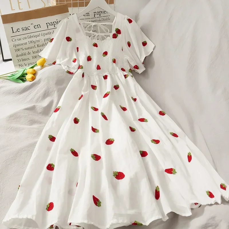 Vintage Kawaii Strawberry Dress Women Sexy Ruffle Puff Sleeve Off Shoulder Embroidery Summer Party Dresses 2023 Korean Elegant