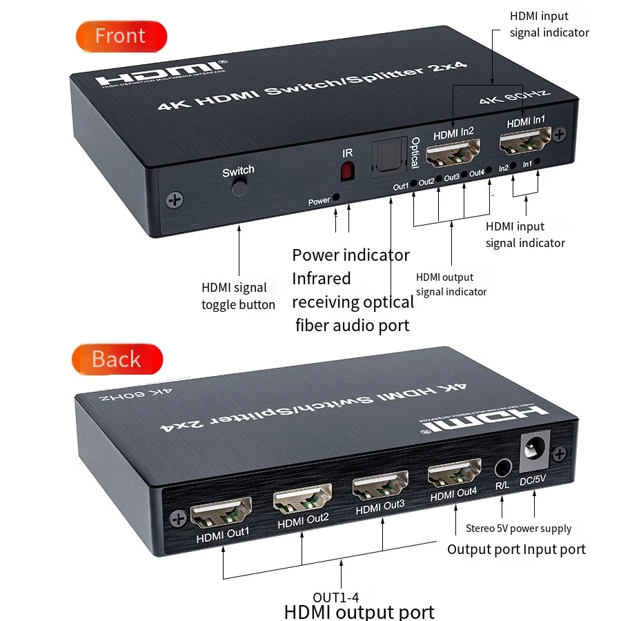 فاصل صوت متقاطع HDMI ، مقسم ، صندوق ضبط ، تمديد متعدد الشاشات ، مقسم ، مقسم ، 2 إلى 4 ، 4K60HZ ، 2x4