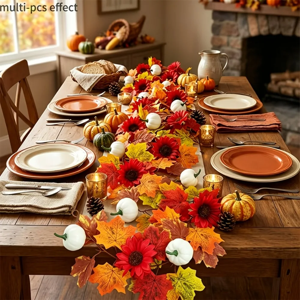 2pcs 100Cm 39.37Inch Artificial Fall Maple Leaf Garland with Sunflowers White Pumpkins Thanksgiving Halloween Harvest Decor