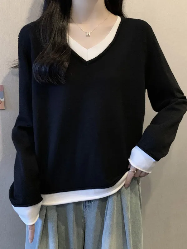 

Женский трикотажный топ больших размеров с V-образным вырезом, весенне-осенний, свободный, стройнящий, базовый слой, одежда больших размеров