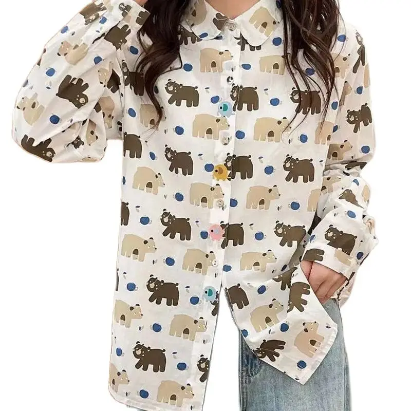 Nieuw Herfst Katoenen Shirt Met Lange Mouwen, Dames Revers Cartoon Print Top, Mori Meisje Lieve Janpan Stijl Losse Blouses, Winter T48868qc