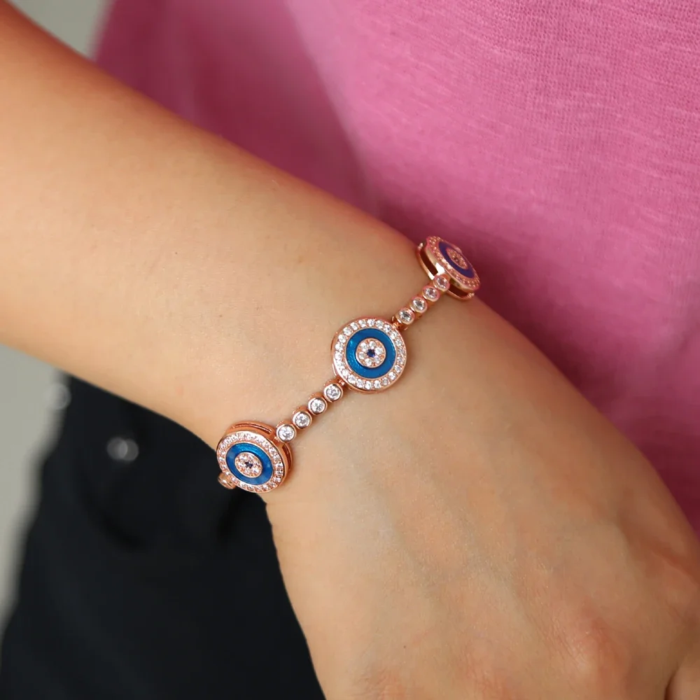 three dots round geometric disk charm blue turkish evil eye tennis bracelet fashion rose gold color bangles