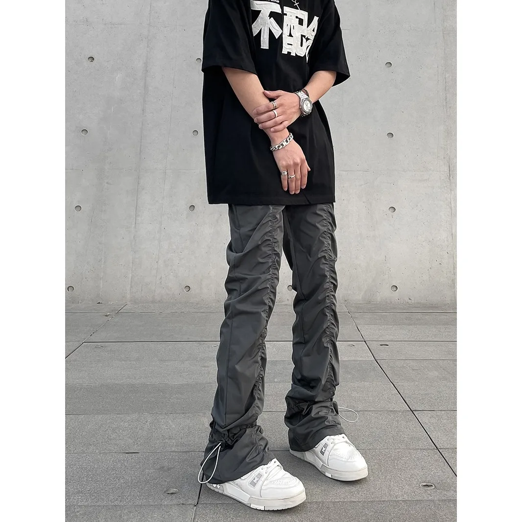 Unisex Clean Fit Techwear Utility Trousers Pleated Design Straight Leg Slight Flare Pants Casual Streetwear Fashion Bottoms