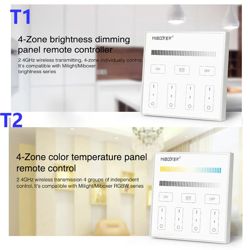 Miboxer T1/T2/T3/T4 4-Zone Smart Panel Remote Dimming/CCT/RGB/RGBW/RGB+CCT Led Controller For LED Strip Milight Series Lighting