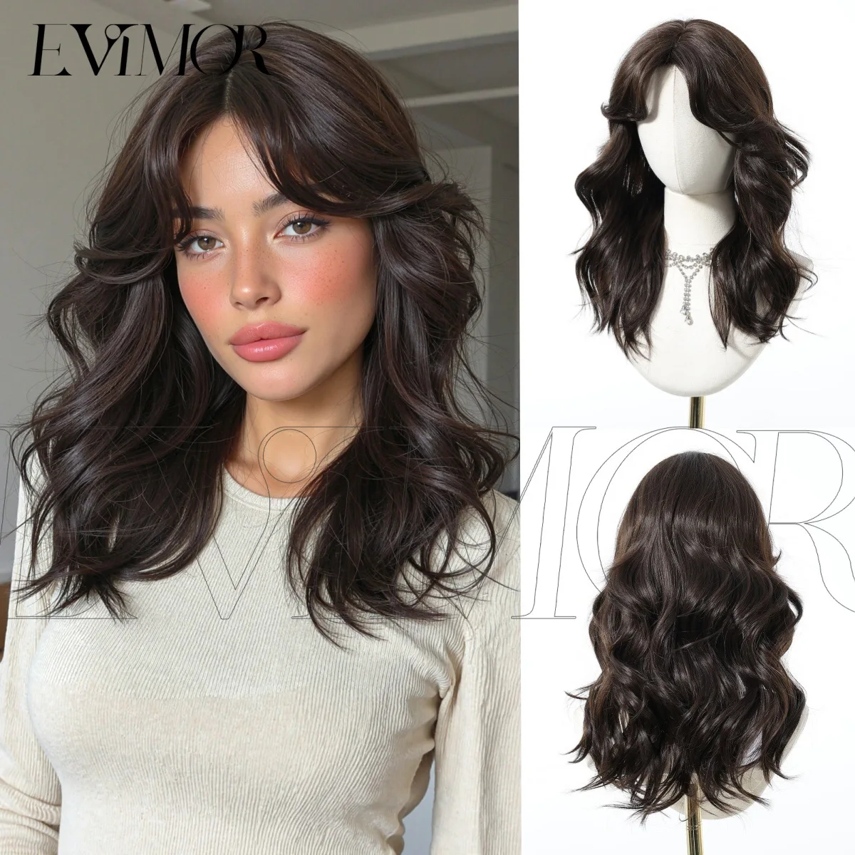 Women's European American Style Long Big Wavy Wig Full Head Wig Dark Brown with Highlights Natural Fluffy Easy To Style