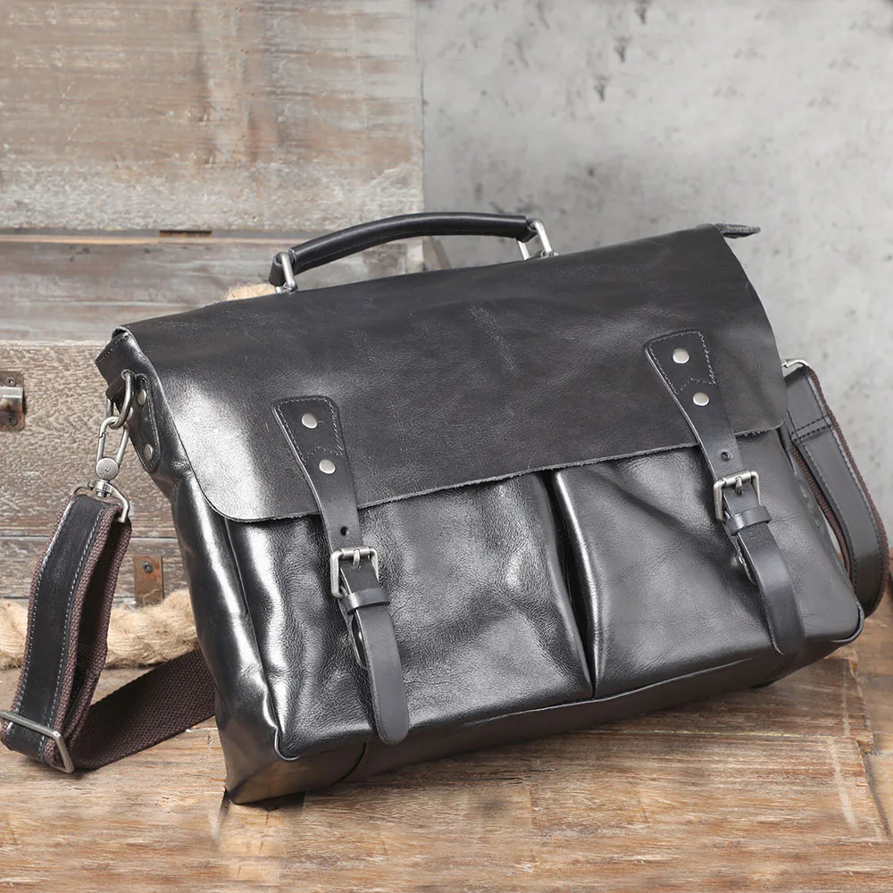 Echtleder Herren-Aktentasche 15 Zoll Laptop-Tasche Einfache Rindsleder-Umhängetasche Pflanzlich gegerbtes Leder Modischer Casual-Stil – Detail 10