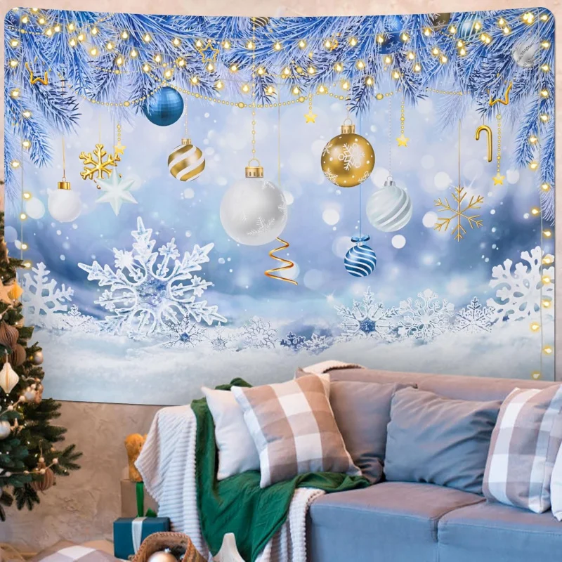 

Christmas Tapestry Winter Snowflake Blue and White Wall Hanging Room Dormitory Background Cloth Decoration 60inX80in