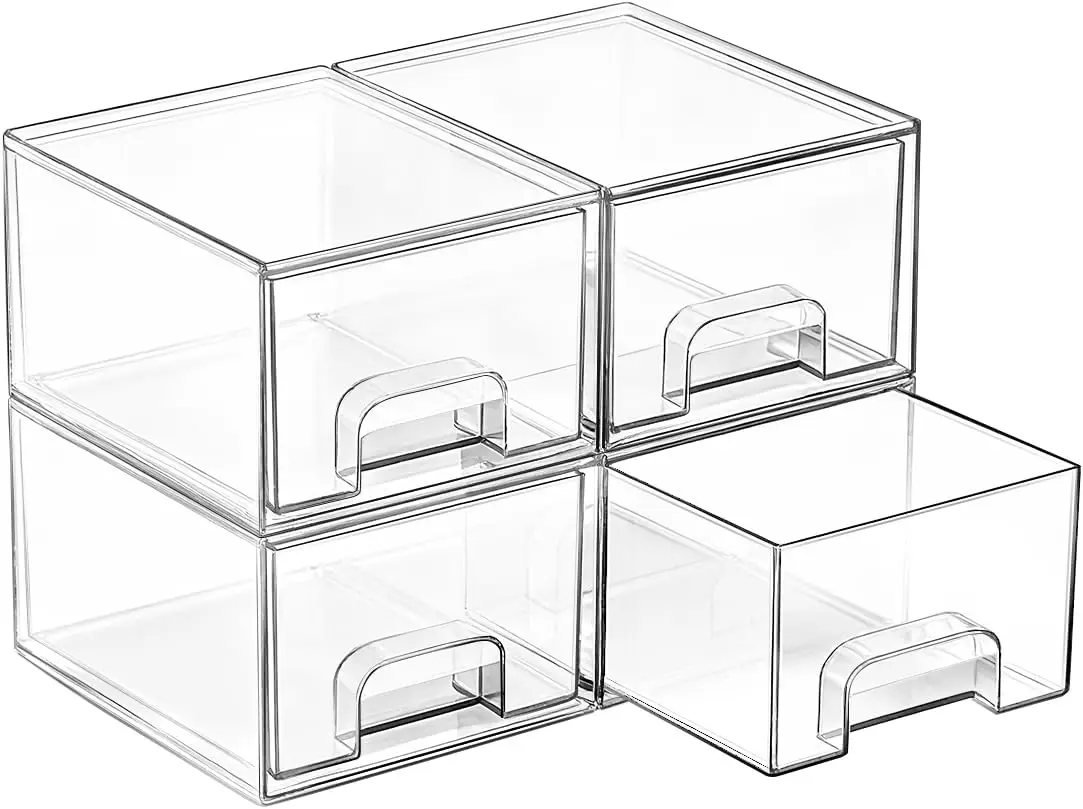 

4 Pack Small Clear Stackable Storage Drawers,Acrylic Bathroom Makeup Organizer,Plastic Storage Bins For Vanity, Undersink, Ki