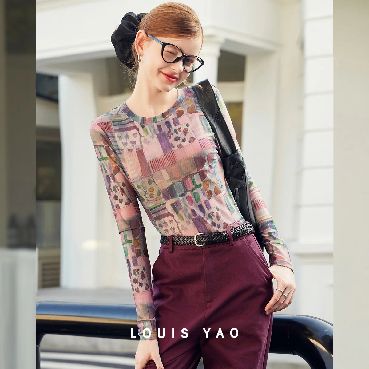LOUIS YAO Round Neck Printed Long Sleeved T-shirt 2025 Contrasting Color Slightly Elastic Regular-Shoulder  Women's T-shirt
