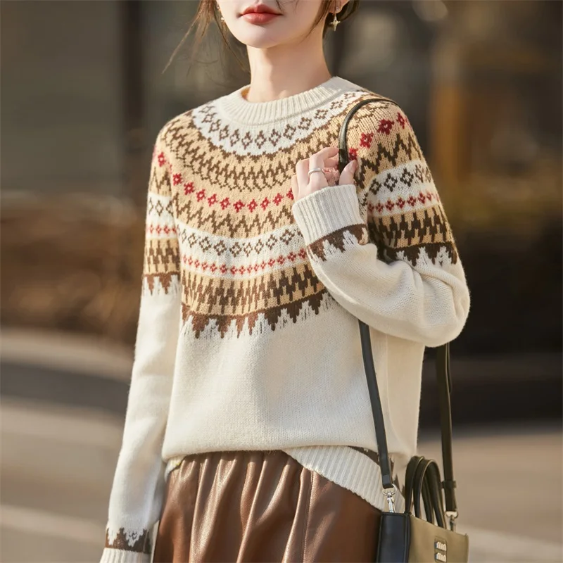 

New Women's 100% Merino Wool Sweater Round Collar Pullovers Autumn Winter Fair Isle pattern Cashmere Knitwear Clothing Top