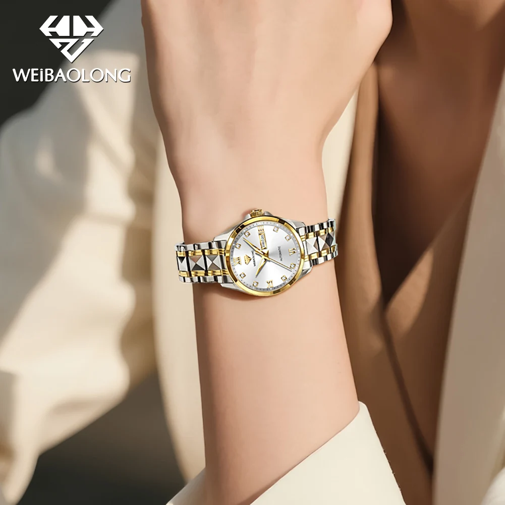 WEIBAOLONG 3803 ساعة نسائية ماسية حقيقية ساعات فاخرة للسيدات عرض تقويم مزدوج ساعة ميكانيكية أوتوماتيكية للسيدات