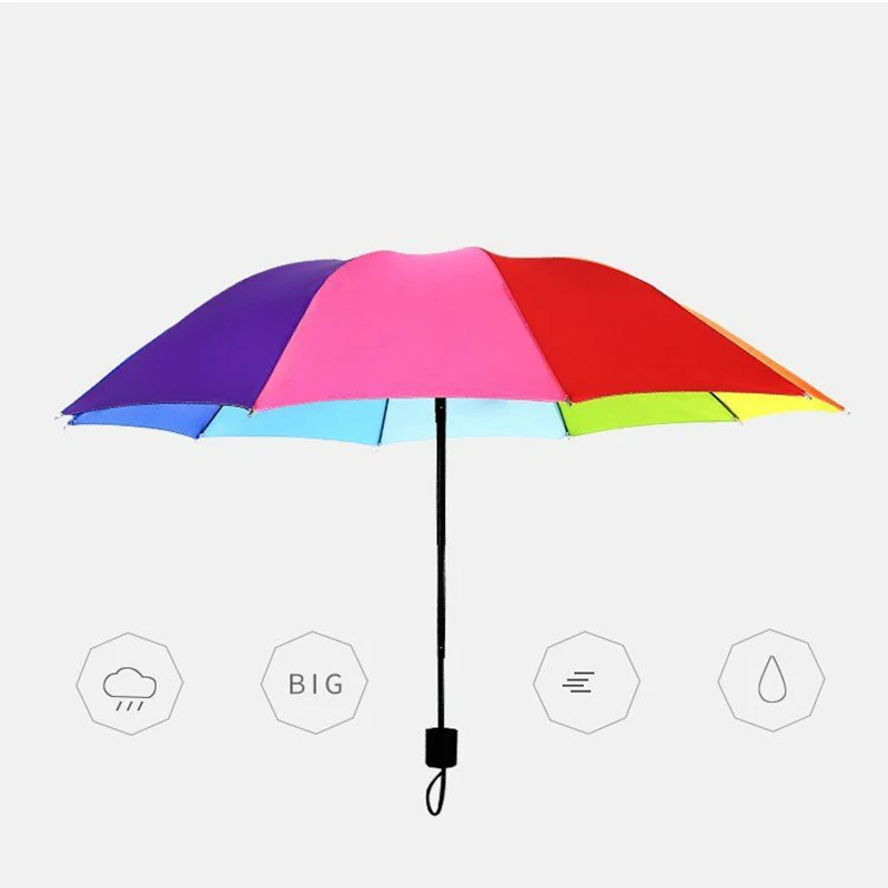 Fashion Rainbow Umbrella Three Fold Umbrella Long Handle Automatic Wind Resistant Folding Straight Umbrella