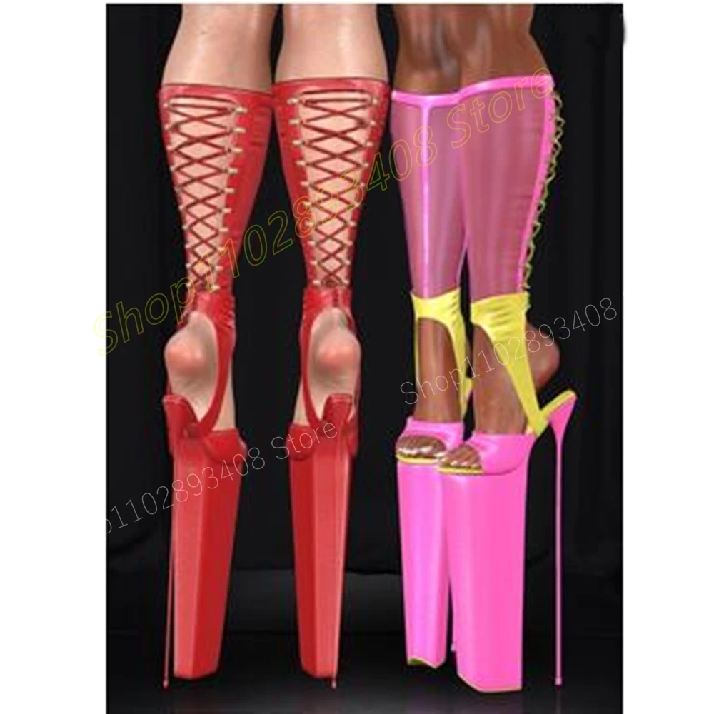 Mutilcolor Super Platform Cross Tied Mid Calf Boots Extreme Stiletto High Heel Fashion Sexy Women Shoes 2024 Zapatos Para Mujere