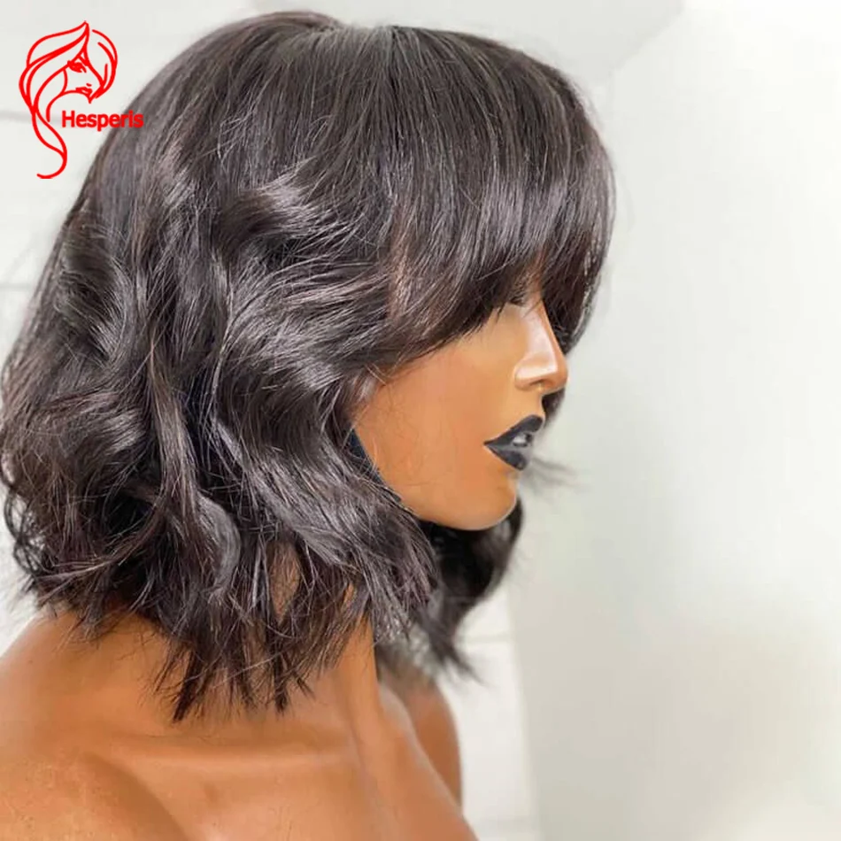 Hesperis Wear And Go Short Wave Bob Cut Wig With Bangs Natural Color Remy Brazilian Scalp Top Full Machine Made Human Hair Wigs