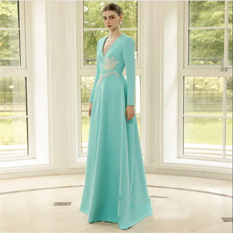 ชุดราตรีไข่มุก โรบ เดอ ซัวรี แบบสั่งตัด แขนยาว คอวี ประดับเลื่อม ทรงเอไลน์ ชุดเต้นรำ ชุดงานเลี้ยง ชุดออกงานพรอม