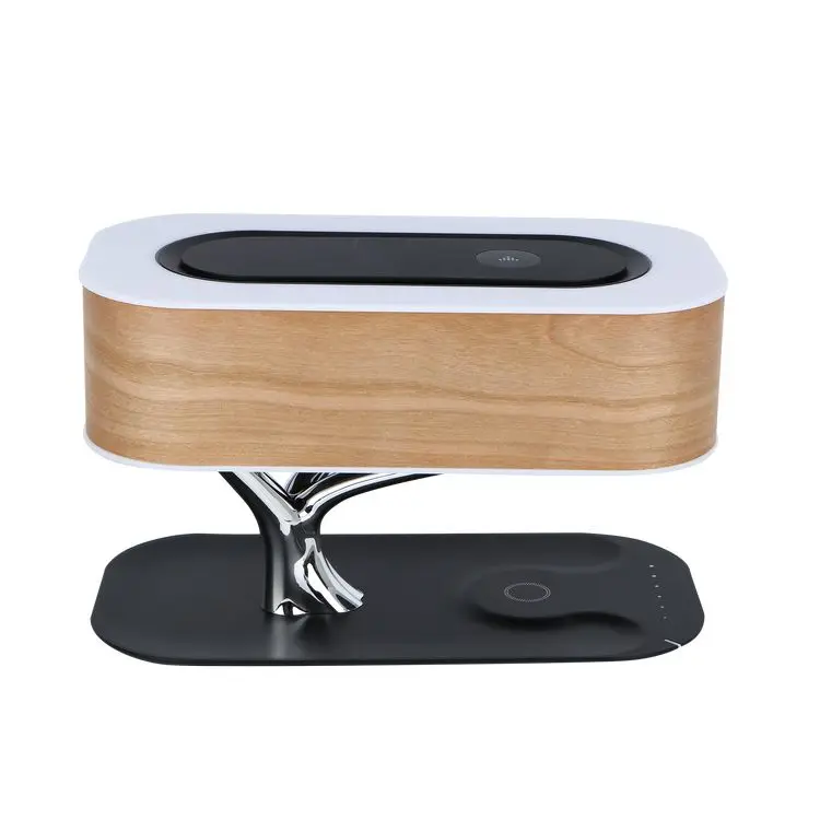 Speaker New Modern Wood Grain Tree Led BedSide Table Lamp with Wireless Charging