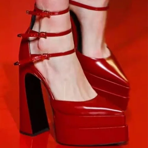 14cm Super High Heels Women Patent Leather Platform Sandals Pointed Toe Hollow Out Buckle Strap Runway Fashion Party Stilettos