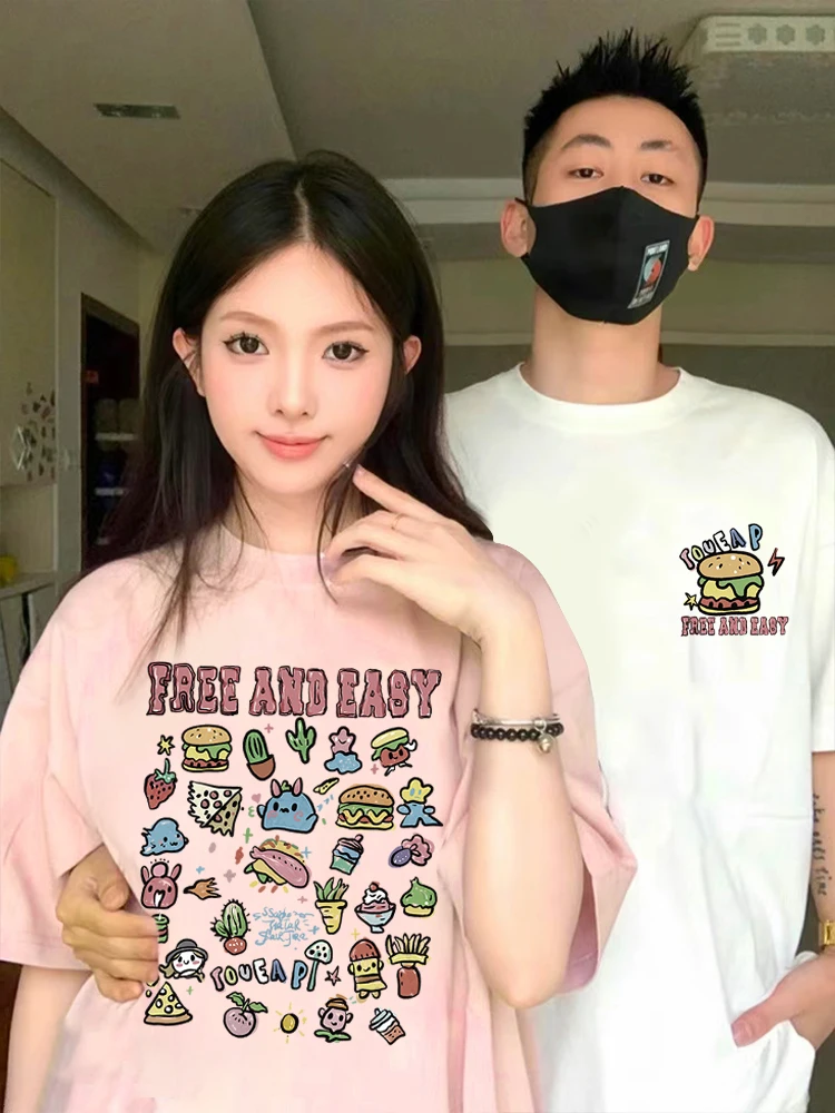 Cute Burger Fries Small Pattern Couple T-shirt 2024 New Summer Trend Short sleeve