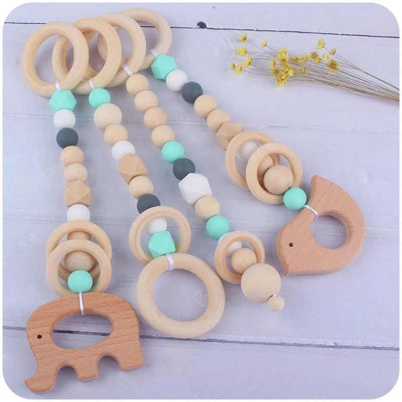 J15U 4 Pcs/Set Baby Gym Frame Pendant Beech Wooden Ring Teether Stroller Rattle Infants Newborn Teething Nursing Molar
