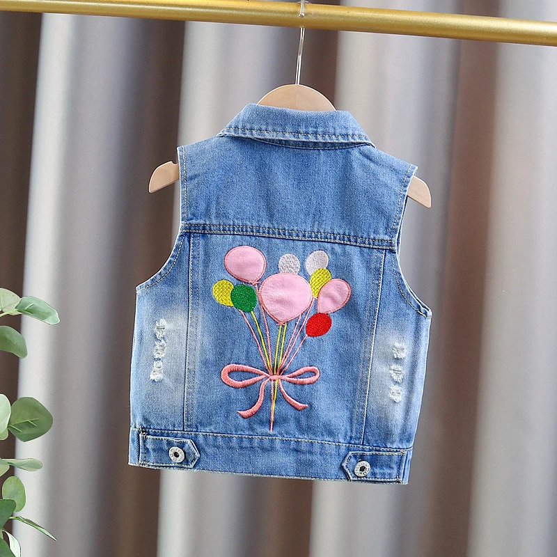 Lovely Style Kids Denim Vest with Balloon Embroidery for Boys Girls Casual Sleeveless Jacket Baby Child Fashion Jeans Waistcoat