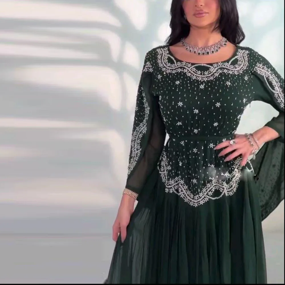 

Зеленое вечернее платье Hunter по индивидуальному заказу с накидкой и кружевными аппликациями, трапециевидное вечернее свадебное платье, шифоновое мусульманское вечернее платье