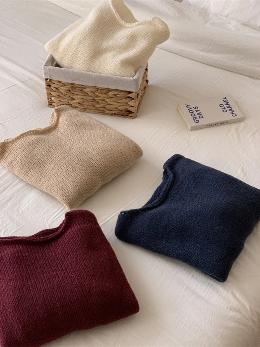 Laid-ba Cuffed Collar Lantern Sve Basic Knitwear Sweater Easy-to-wear Faionable round Ne Long Sve Regular Thin