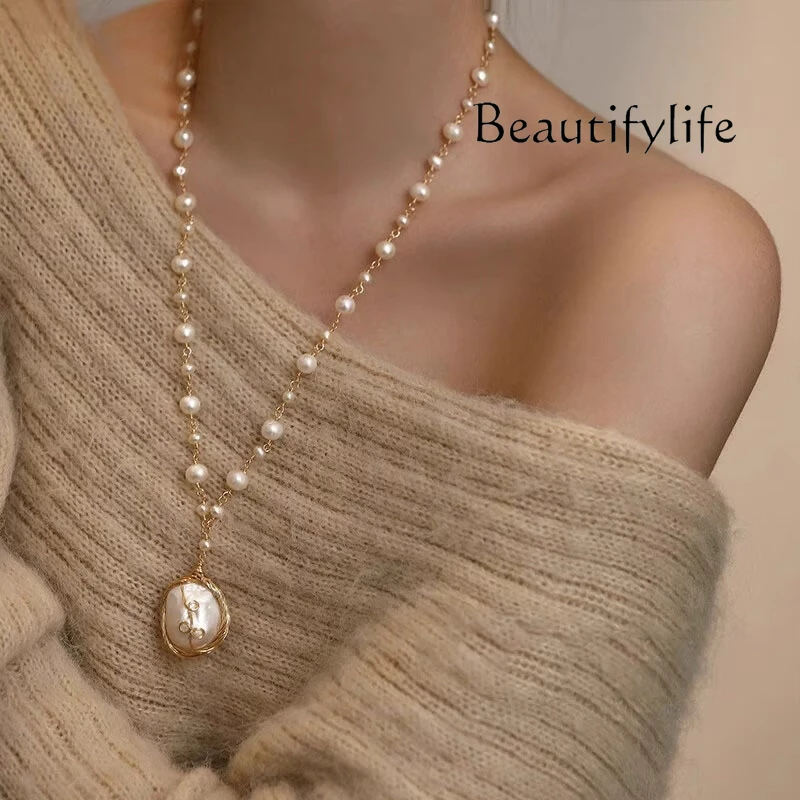 High-end pearl long necklace women's new sweater chain women's light luxury niche long sweater