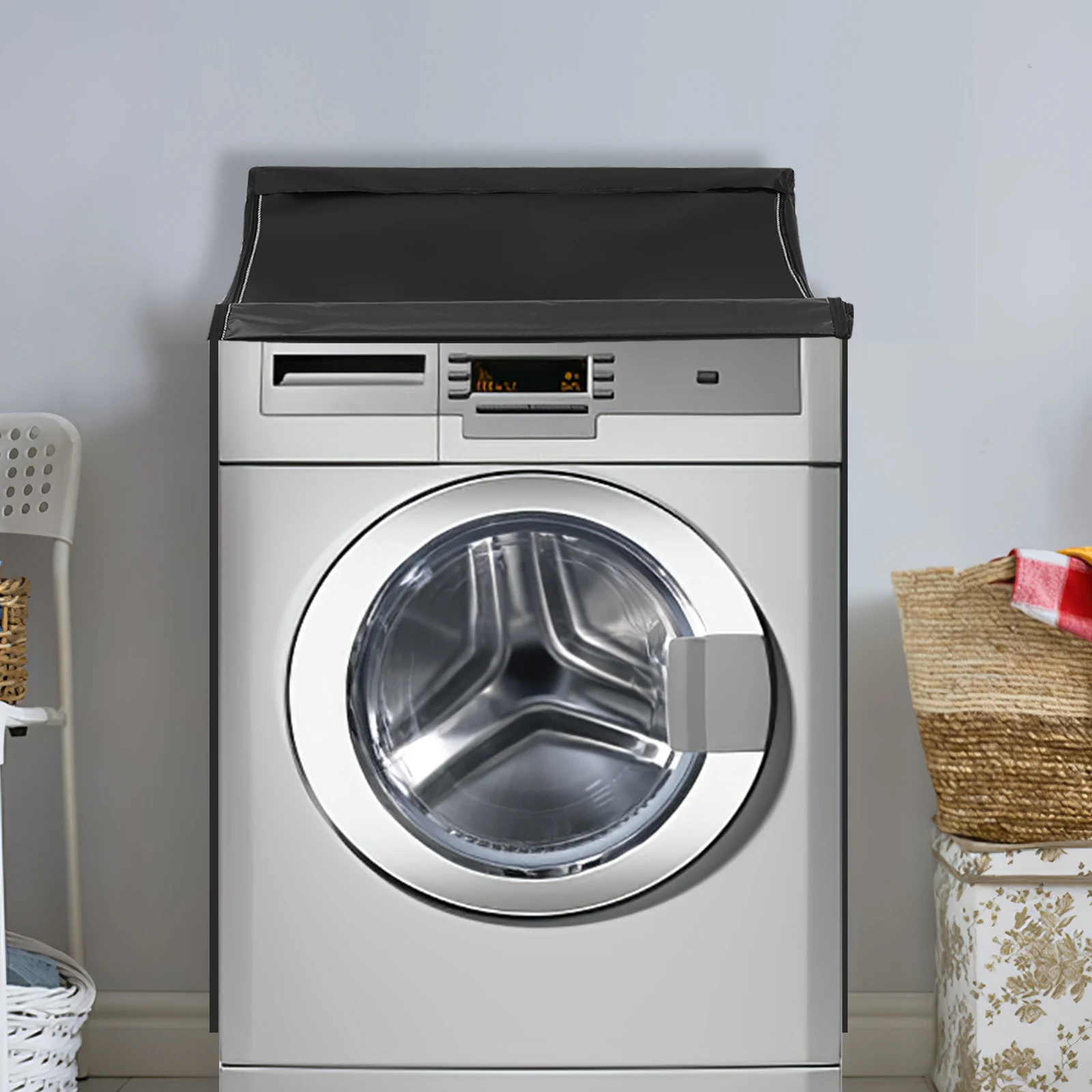 

Washing Machine Cover Black 420D Silver Coated Oxford Cloth High Density Adjustable Straps Universal Fit Indoor Outdoor Dust