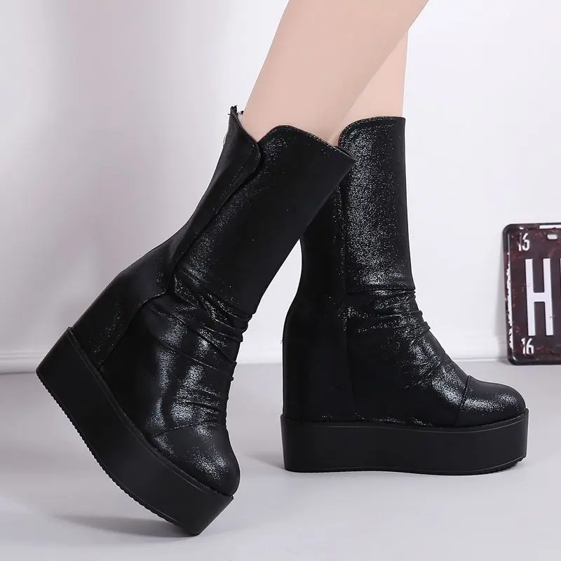 Fujin 11.5cm Microfiber Women Knee High Platform Wedge Super High Zip Spring Autumn Women Winter Hidden Heels Mid Calf Boots