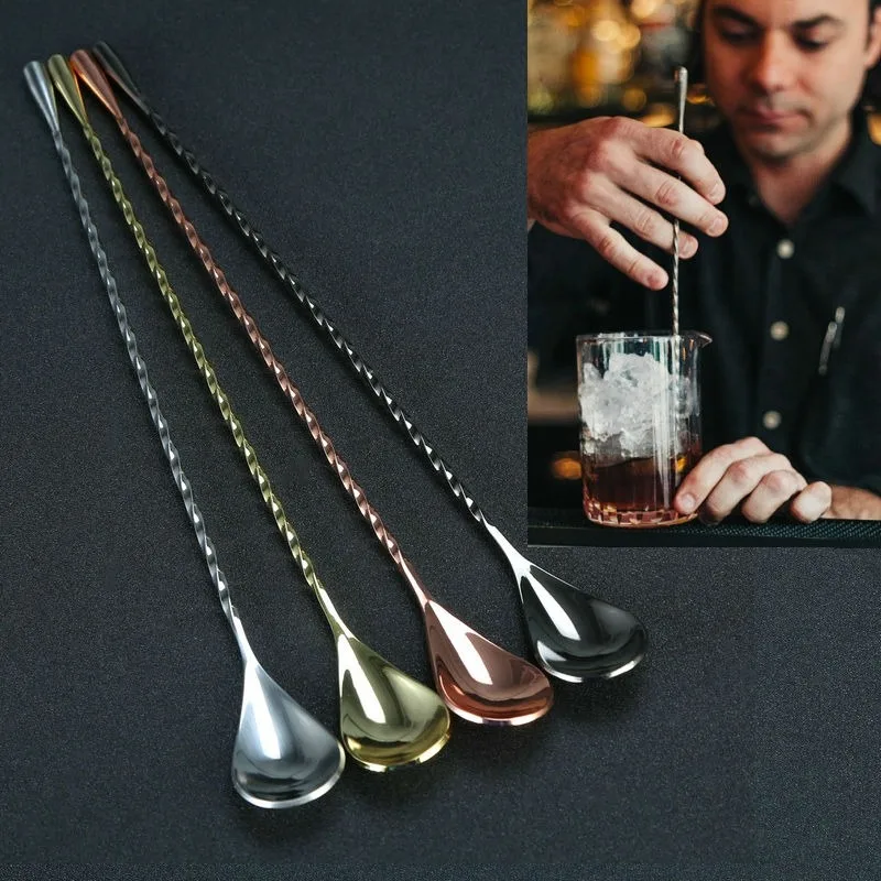 Cuchara agitadora de 30cm, cuchara mezcladora para cóctel, cuchara de teadrop de barman de acero inoxidable, herramienta de barra roscada, palo giratorio en espiral