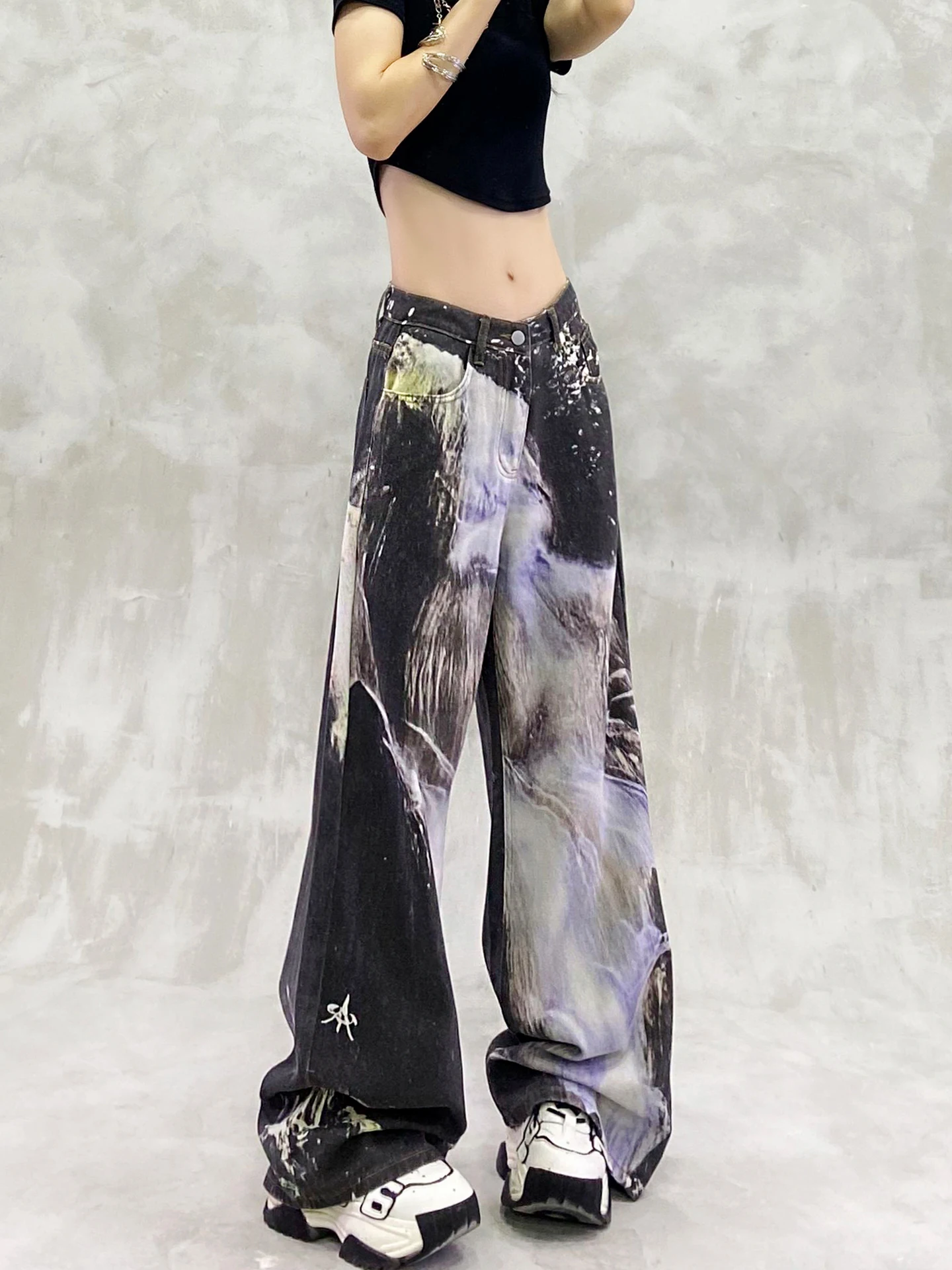 2025 Summer New Color Block Printed Design Washed Casual Jeans High Waist Loose Slimming Versatile Straight Wide Leg Pants