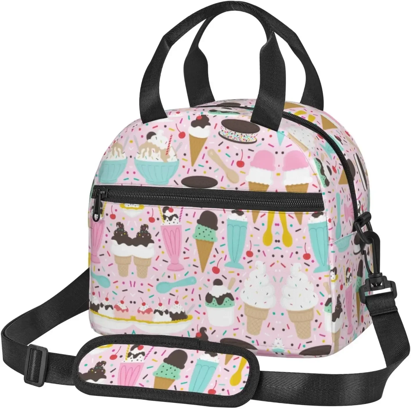 Sweet Ice Cream Print Lunch Bag With Adjustable Shoulder Strap,Leakproof,Tote Bag For Office Work,Picnic And Outdoor