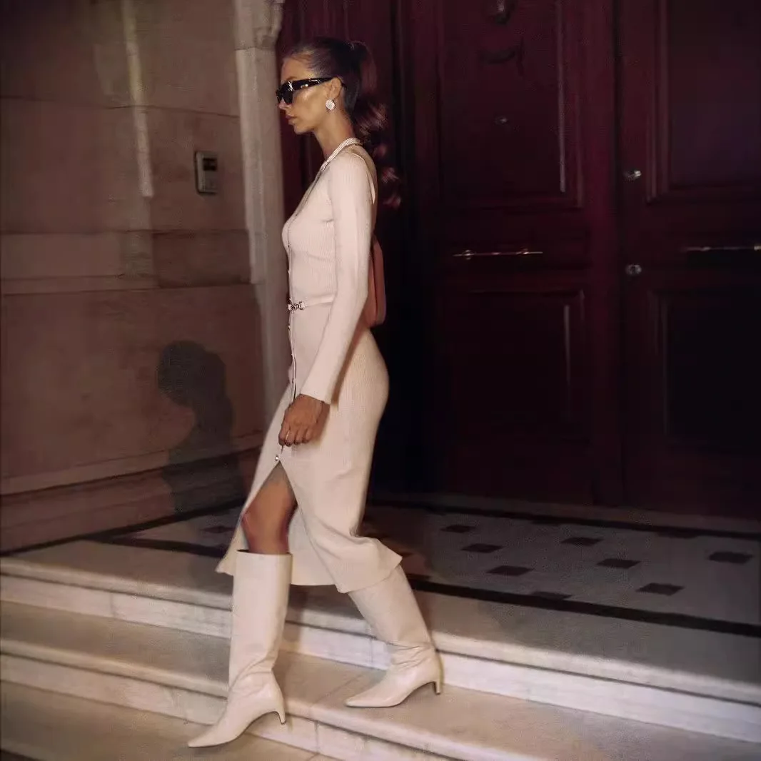 فستان نسائي محبوك بقصة ضيقة بفتحة رقبة على شكل حرف V ، فستان سترة بأكمام طويلة ، بصف واحد ، فتحة ، أحادي اللون ، خريف وشتاء ، جديد #4