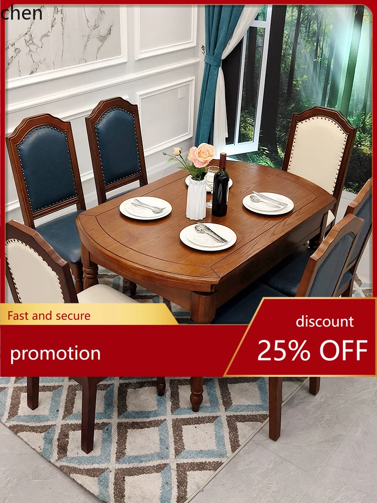 HT Country Style  Dining Table and Chair Set for Home Use, Extendable, Foldable, Convertible Round Table, Dining Room Furniture