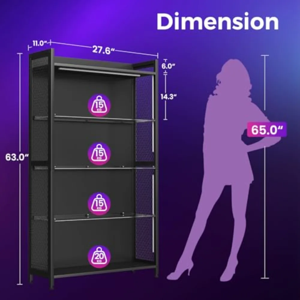 Display Case with Glass Shelves & RGB Lights, 4-Tier Display Cabinet | LED Display Shelf with Industrial Metal Mesh &