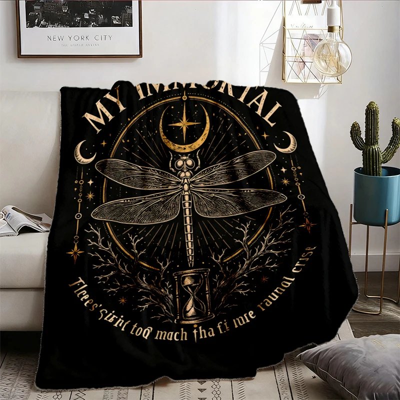My Immortal Dragonfly Flannel Throw, Gothic Dragonfly Cozy Blanket, Dark Academia Warm Blanket, Celestial Moon Soft Blan