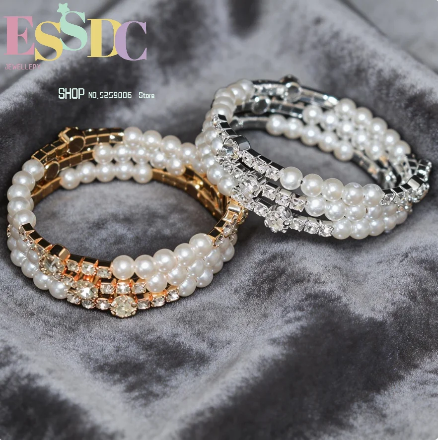 Pearl encrusted with diamonds and rhinestones wrapped around elastic open bracelets for women light luxury jewelry with