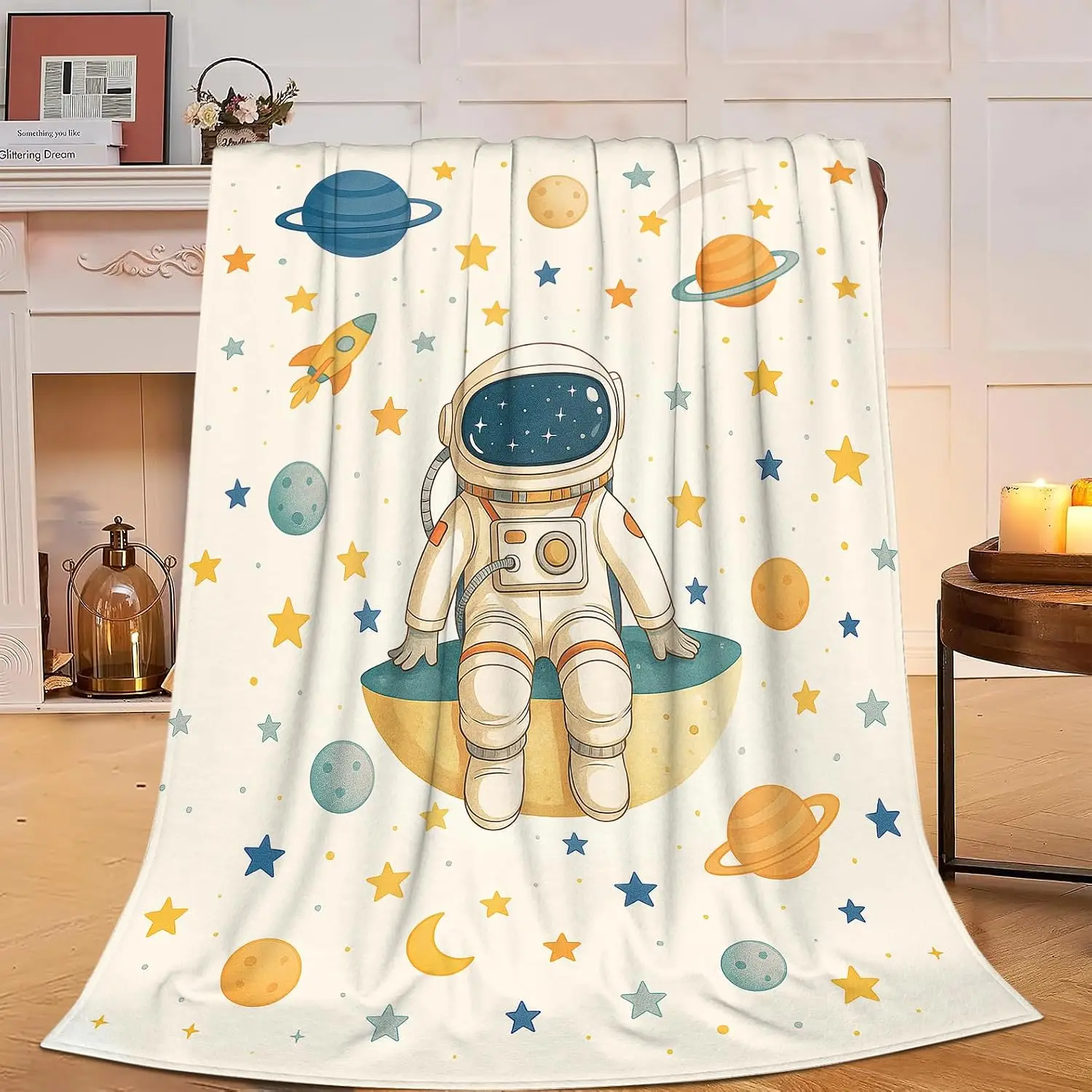 Cartoon Astronaut Planet Moon Star Cream White Base Flannel Throw Blanket,Soft Warm Sofa Cover,Space Gift For Kids Bedroom Daily