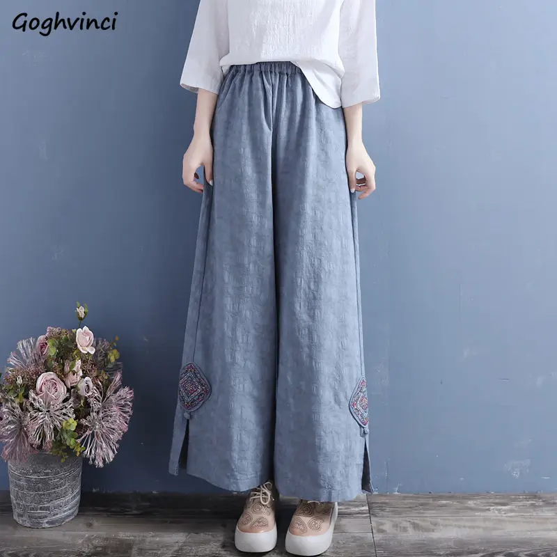 

Women Vintage Wide Leg Pants Summer High Waist Fashion Chinese Style Embroidery Leisure Baggy Elegant Ladies Simple Ankle-length