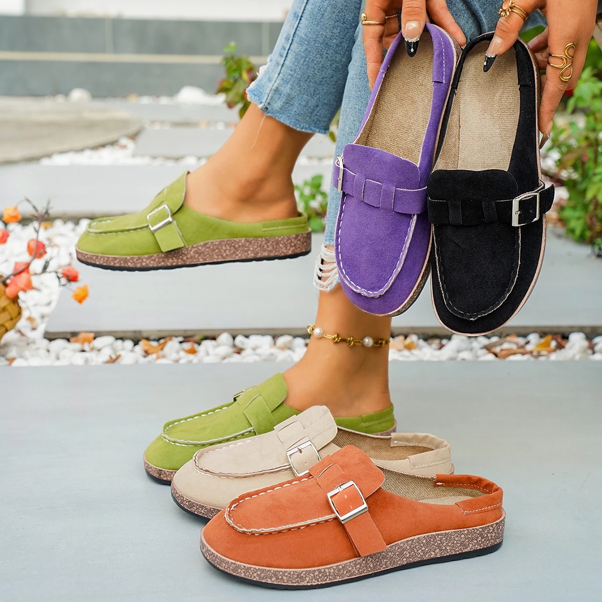 Women Mules Cork Clogs Sandals with Adjustable Buckle Cozy Arch Support Mules Retro Clogs Slippers Home Designer Shoes Women