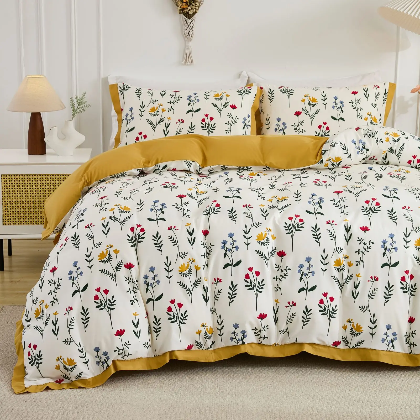 3PCS Yellow Duvet Cover Set FLoral Comforter Cover Tassel Country Bed Set Soft Lightweight Down Bedding Set for All Season