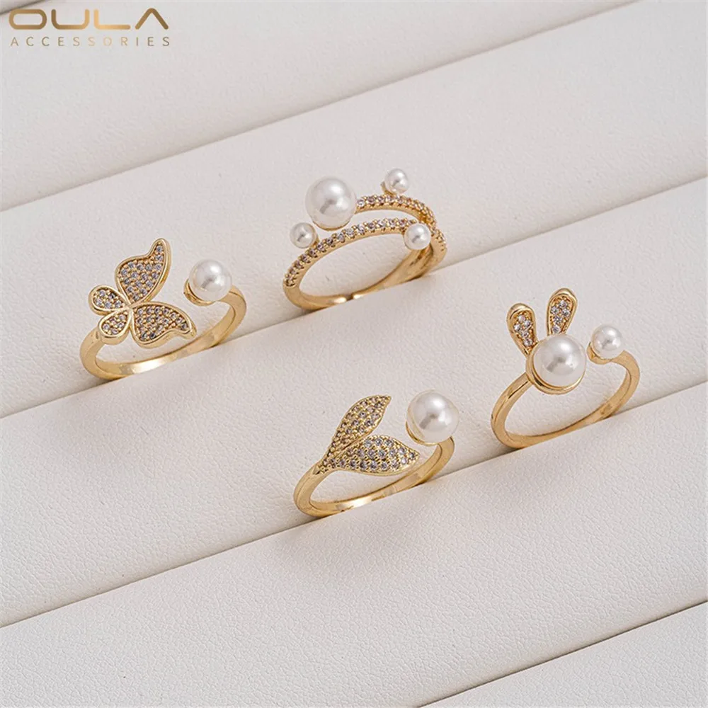 1pcs 14K Gold-plated Crystal Pearl Setting Ring with Zircon Butterfly Fish Tail Ring, High-end Handcrafted Diy Sticky Bead Ring