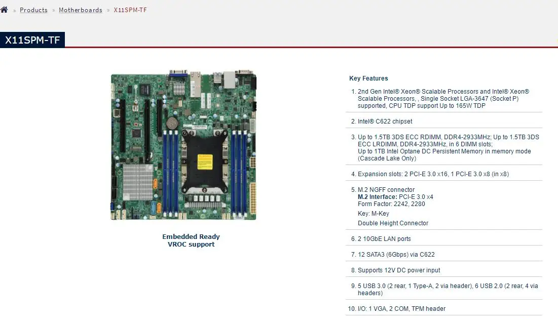 X11SPM-TF for Supermicro MicroATX Motherboard LGA-3647 Xeon Scalable Processors DDR4 10GbE LAN Port  SATA3 (6Gbps) via C622