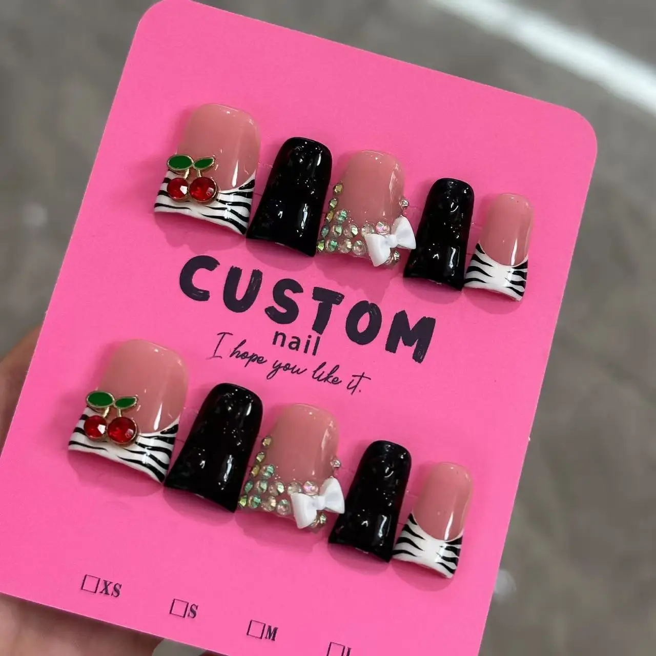 10pcs high-end Sweet and cool style, hand-painted zebra print, three-dimensional cherry, bow, sparkling pile diamond handmade