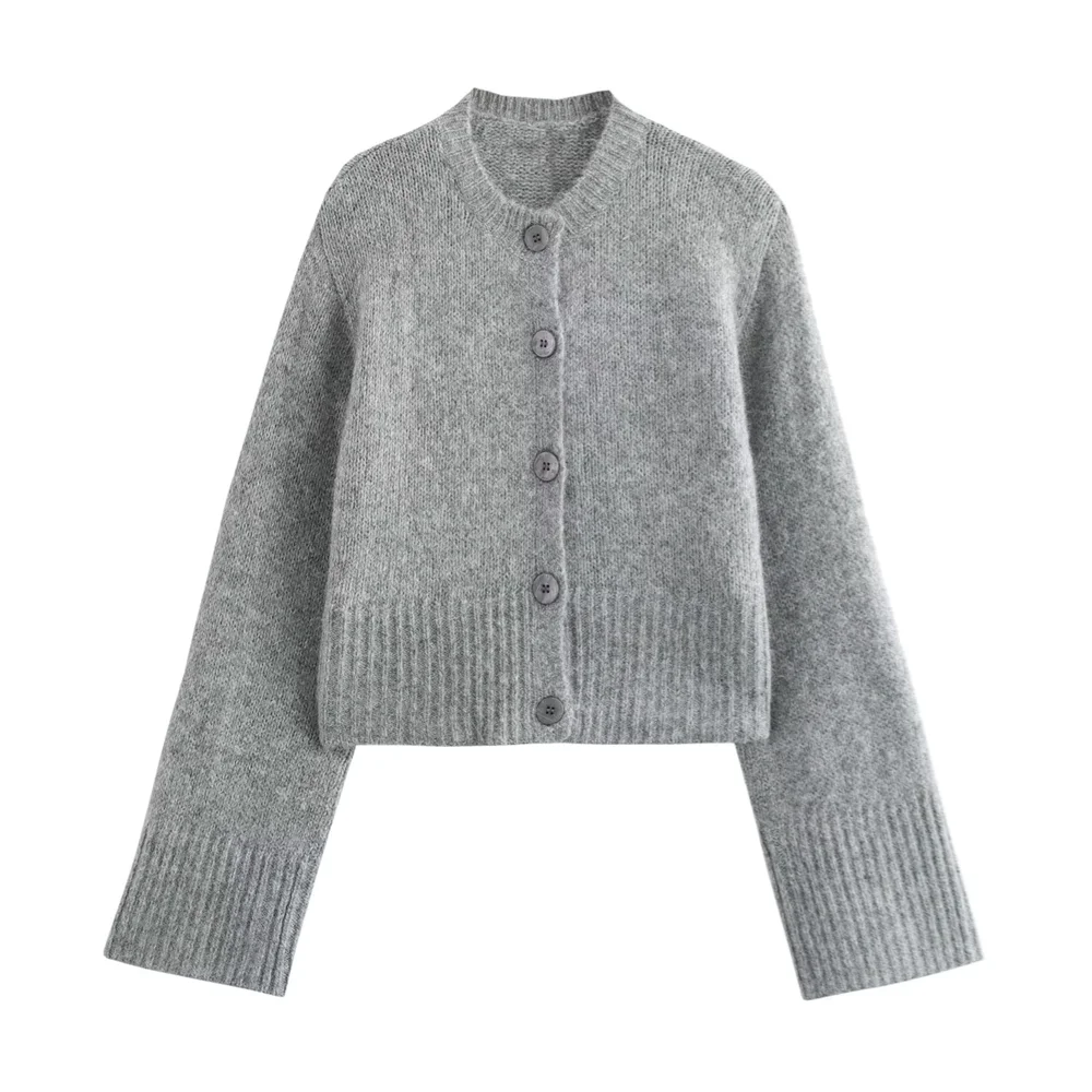 PB&ZA2024 autumn new women's clothing style slim fit simple sweet soft round neck long sleeved knitted cardigan jacket