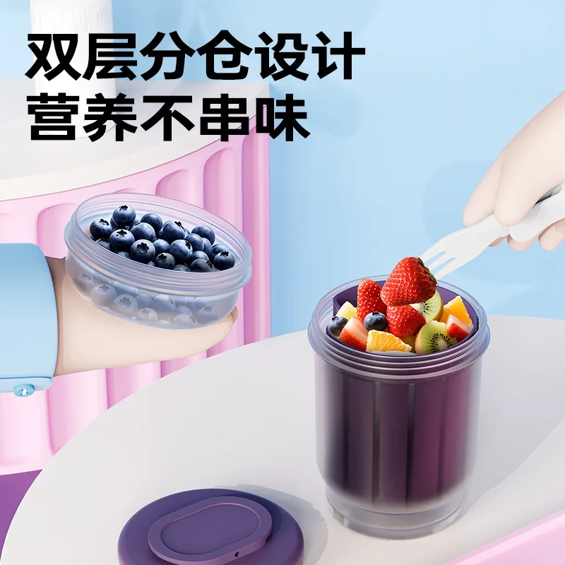 Portable Salad Cup with Fork & Dressing Holder, 2-Layer Leakproof Breakfast Container for Fruits/Yogurt/Oats