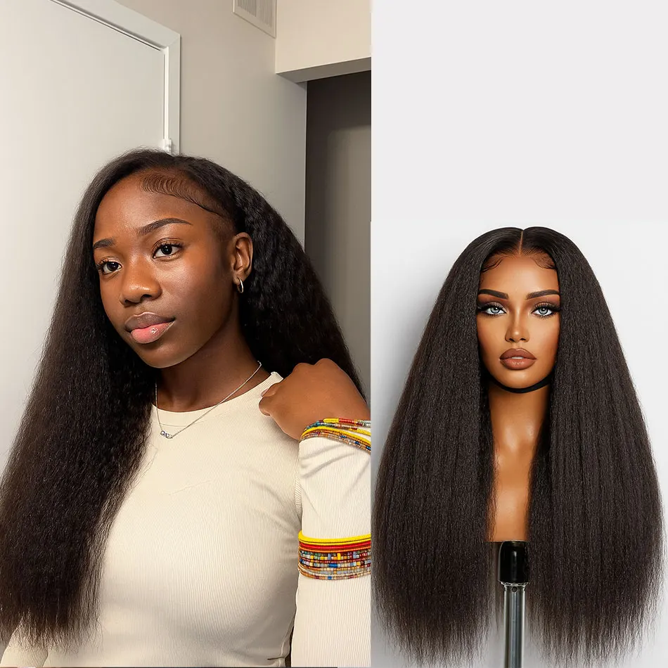 

Натуральные волосы Kinky Straight HD Lace Wigs: Бразильские прямые волосы Yaki, парик с HD-кружевом 13x4, предварительно сформированный, с невидимым ремешком, 360-градусный, для женщин